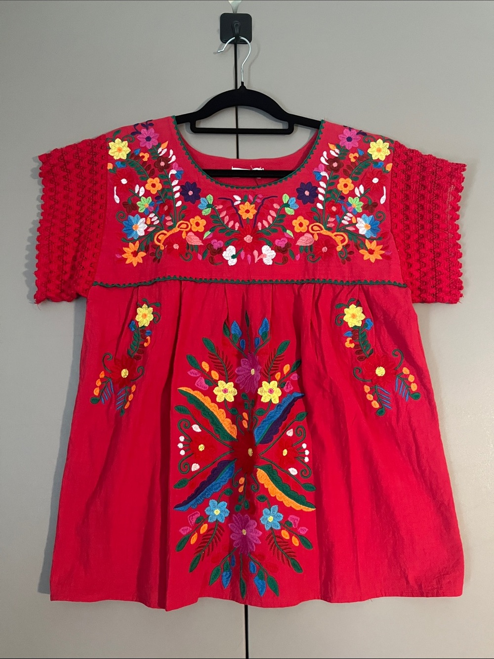 Embroidered Red Women's Tunic Top with Floral & Butterfly Motifs